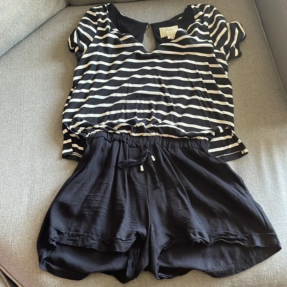 Elevenses Anthropologie Black White Stripe Short Romper